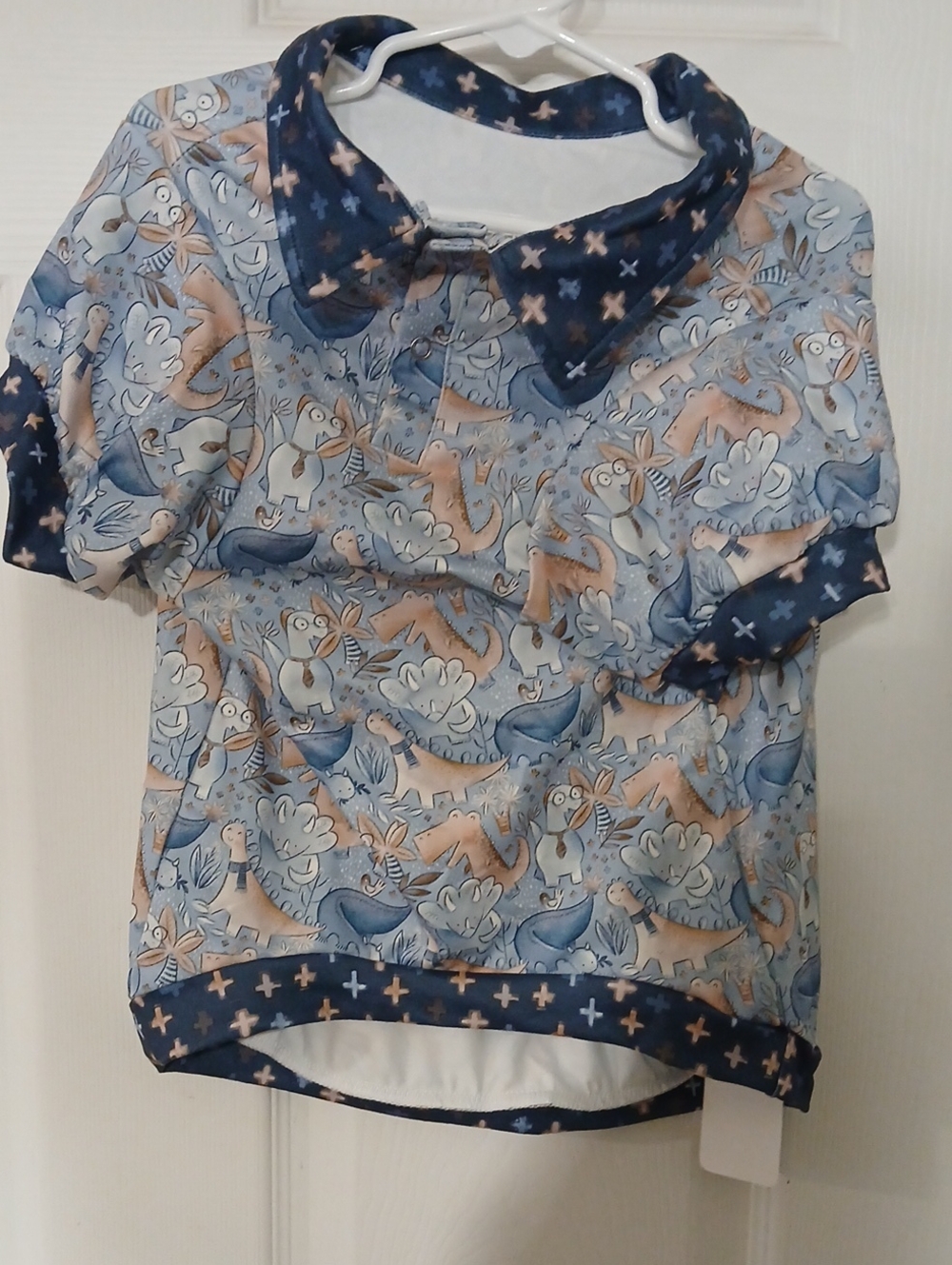 Blue & Peach Dino-Print Dog Polo Shirt